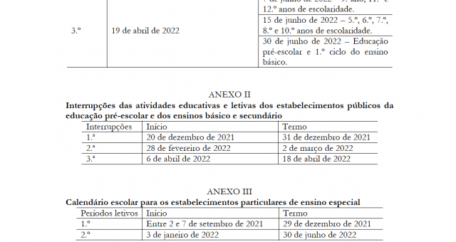 Calendário Escolar 2021 – 2022