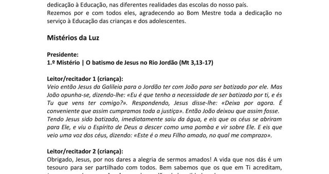 Terço na Semana Nacional da EMRC 2024, a ser rezado no dia 30 de maio, na Capelinha das Aparições, pelas 18h30.