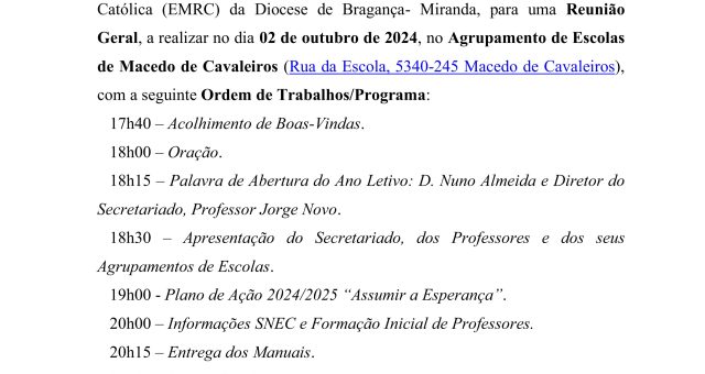Reunião Geral Professores EMRC.                            Plano de Ação 2024/2025 “Assumir a Esperança”.