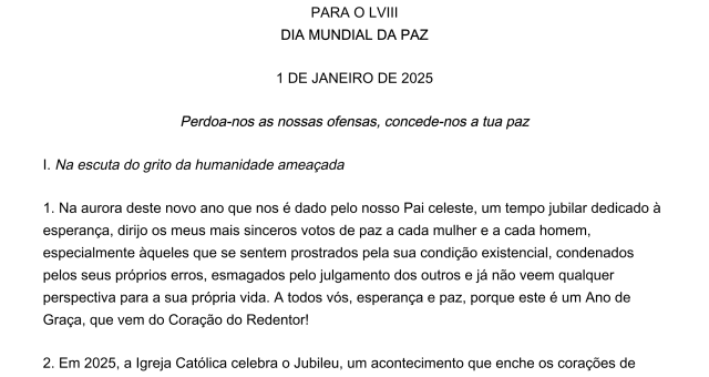 Mensagem do Papa Francisco para o 58º Dia Mundial da Paz